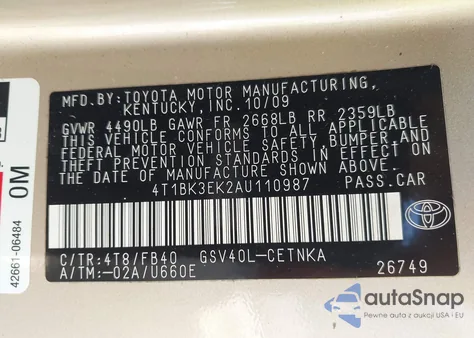 2010 Toyota Camry Le V6 from USA, damaged, VIN 4T1BK3EK2AU110987
